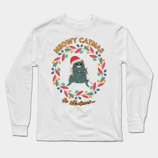 Funny Christmas Cat Tangled in Lights, Meowy Catmas Long Sleeve T-Shirt